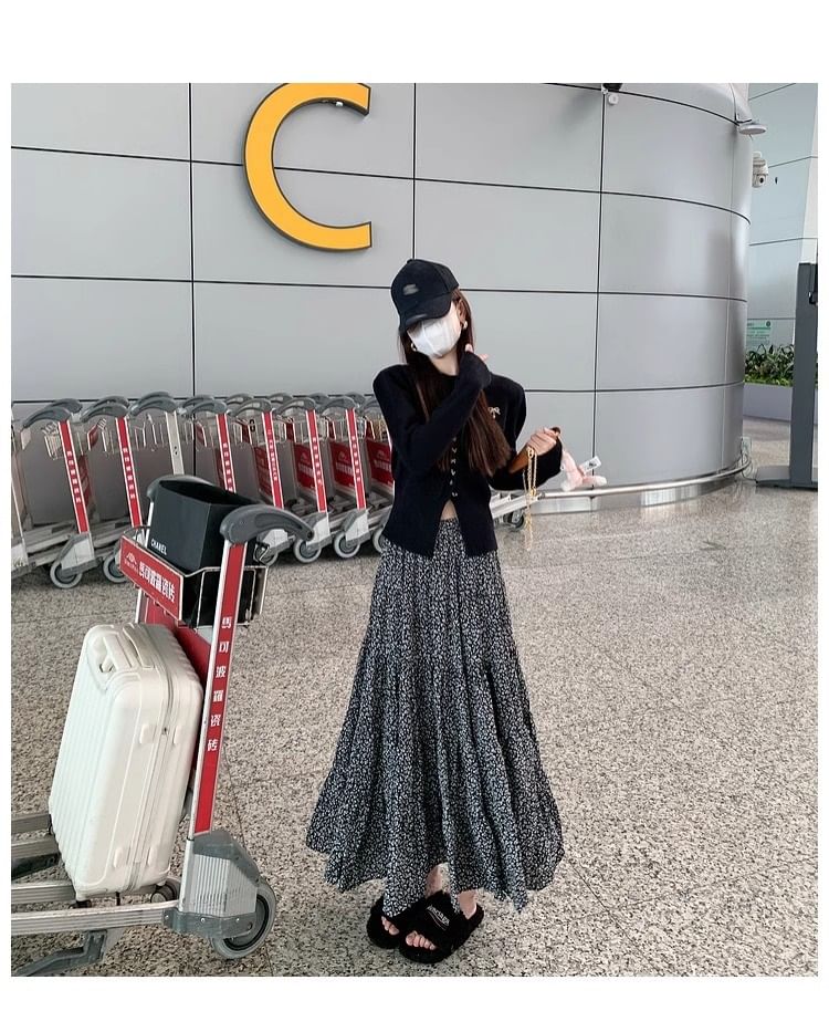 Waist Floral Skirt Midi A-Line Elastic