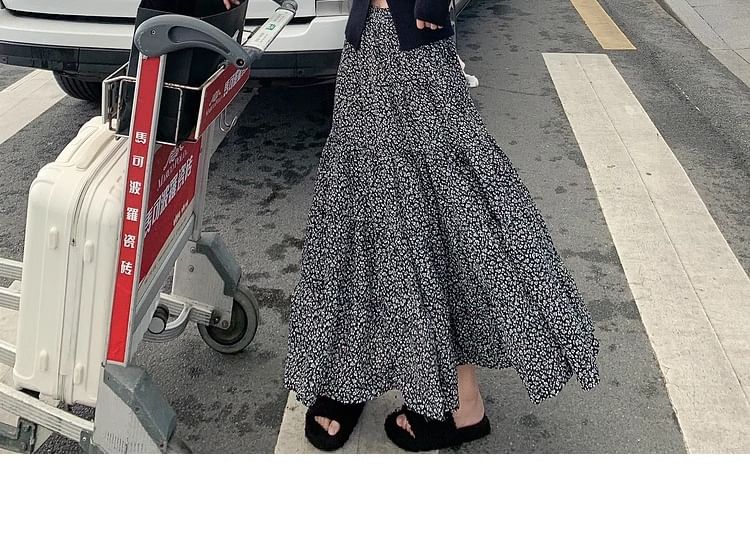 Waist Floral Skirt Midi A-Line Elastic