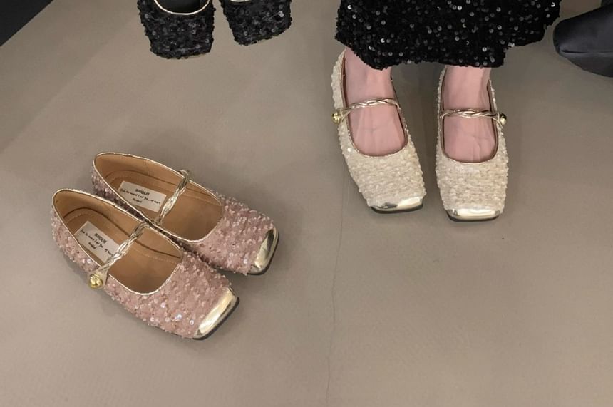 Square-Toe Sequined Mary Jane Shoes