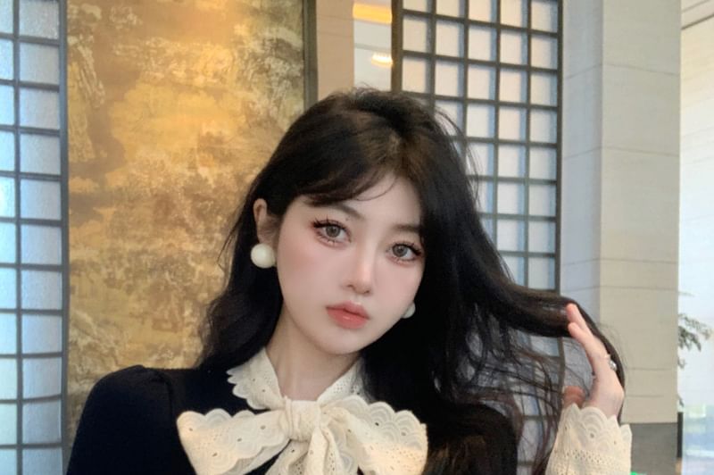 Tie-Neck Lace-Trim Knit Long-Sleeve Top