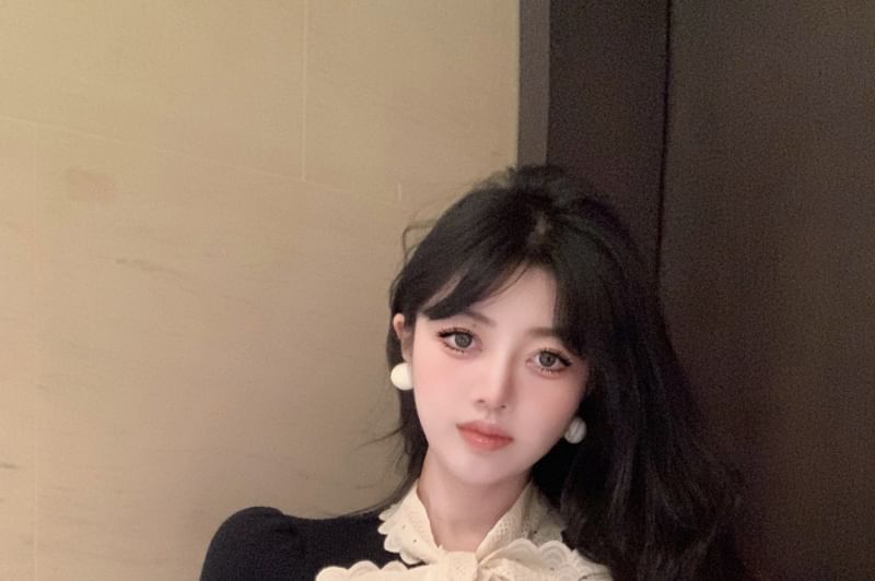 Tie-Neck Lace-Trim Knit Long-Sleeve Top