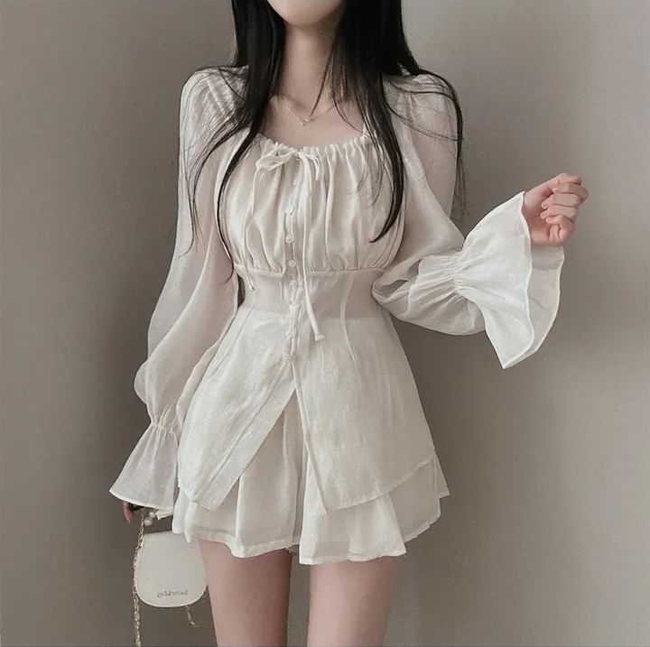 Puff-Sleeve Square-Neck Blouse and A-Line Mini Skirt Set