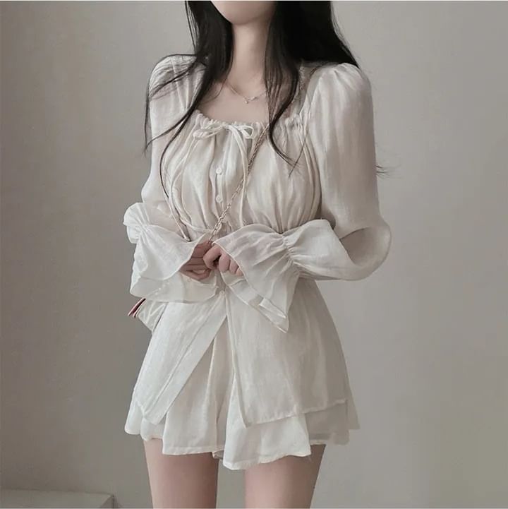 Puff-Sleeve Square-Neck Blouse and A-Line Mini Skirt Set