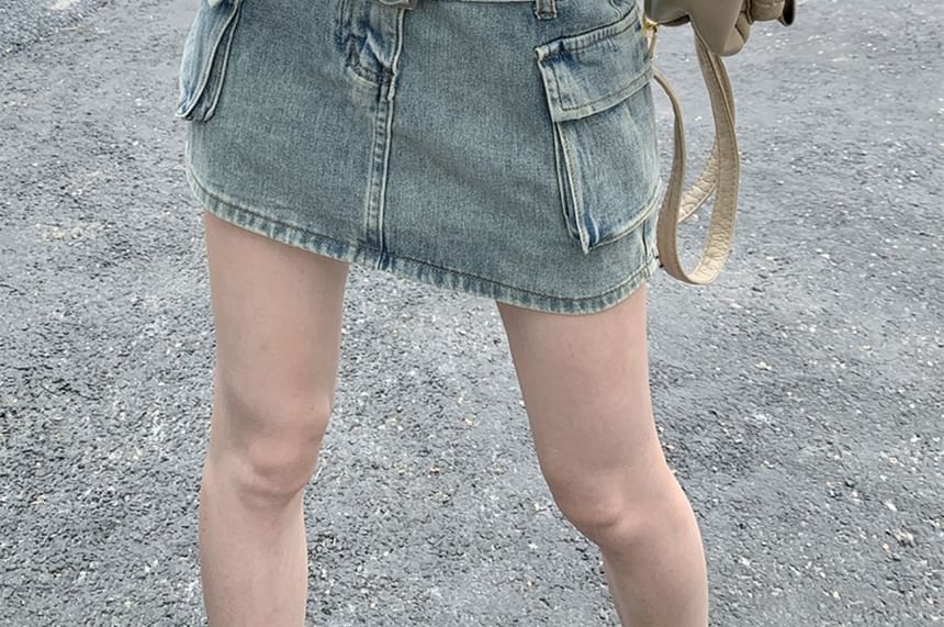 Washed Denim Mini Skirt with Belted High Waist