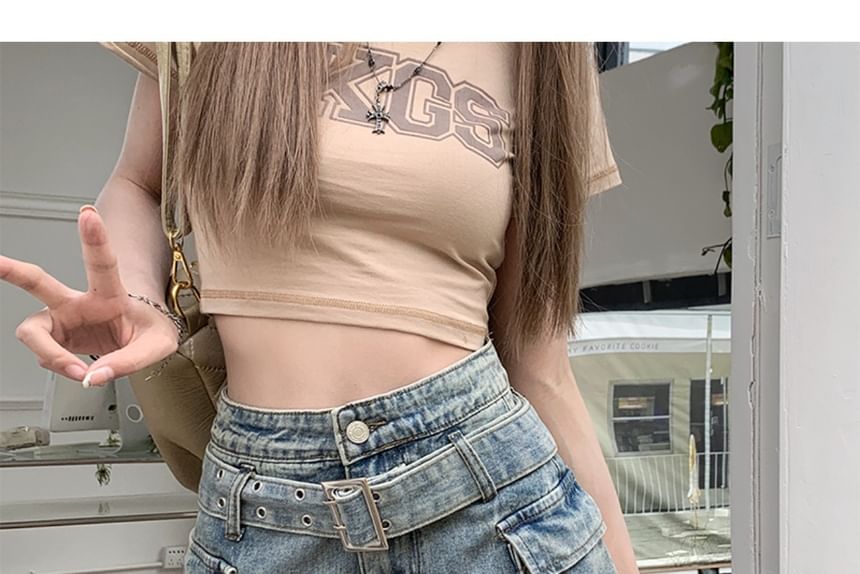 Washed Denim Mini Skirt with Belted High Waist