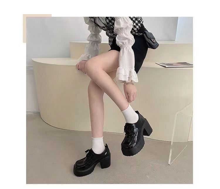 Platform Lace Up Patent Leather Block Heel Pumps