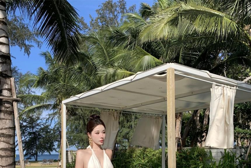 Halter Dress V-Neck Plain Maxi A-Line