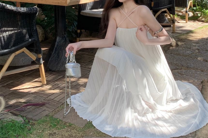 Strap Dress Midi Plain Pleated Spaghetti