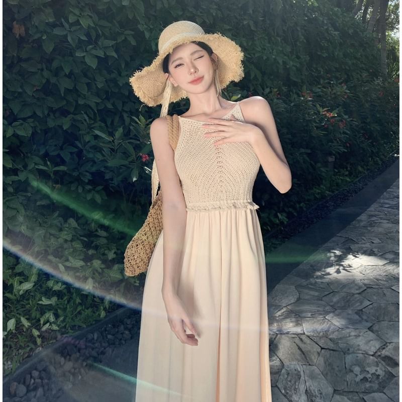 Dress Spaghetti Maxi A-Line Strap Panel Plain Knit