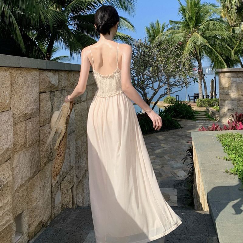 Dress Spaghetti Maxi A-Line Strap Panel Plain Knit