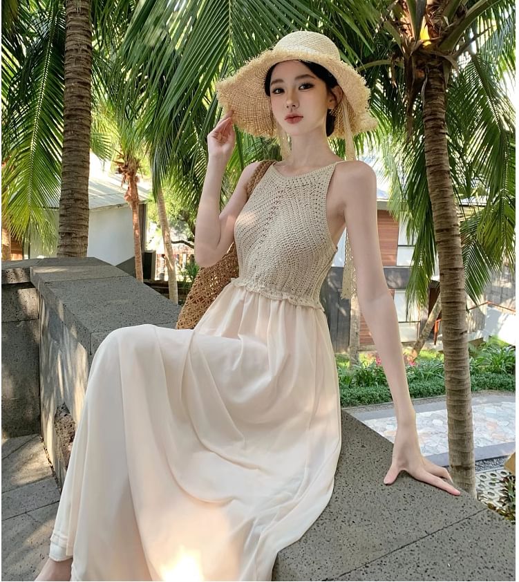 Dress Spaghetti Maxi A-Line Strap Panel Plain Knit