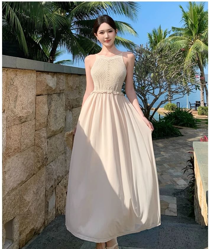 Dress Spaghetti Maxi A-Line Strap Panel Plain Knit