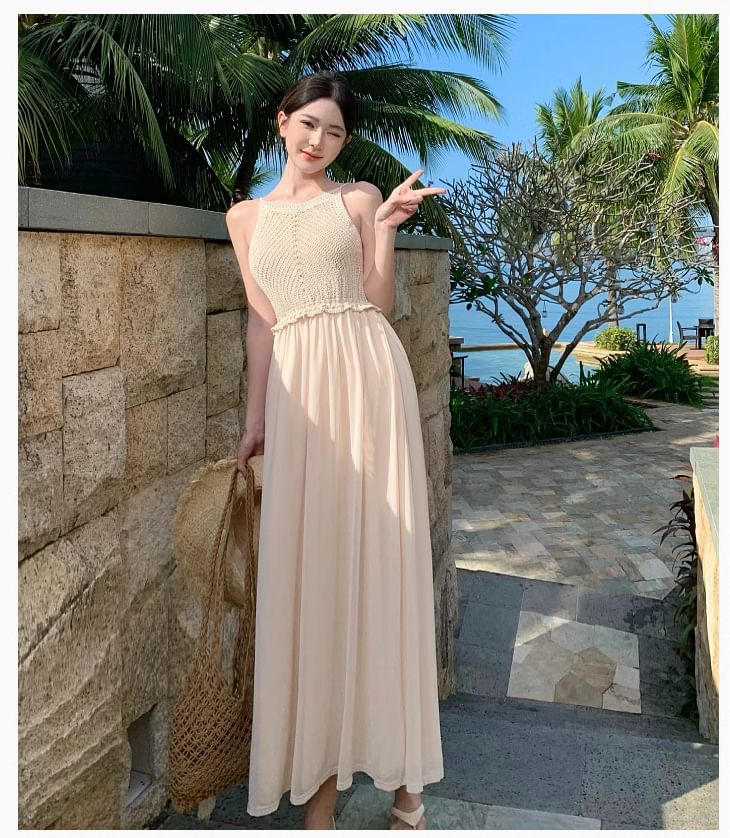 Dress Spaghetti Maxi A-Line Strap Panel Plain Knit