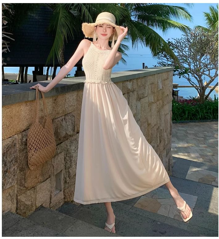 Dress Spaghetti Maxi A-Line Strap Panel Plain Knit