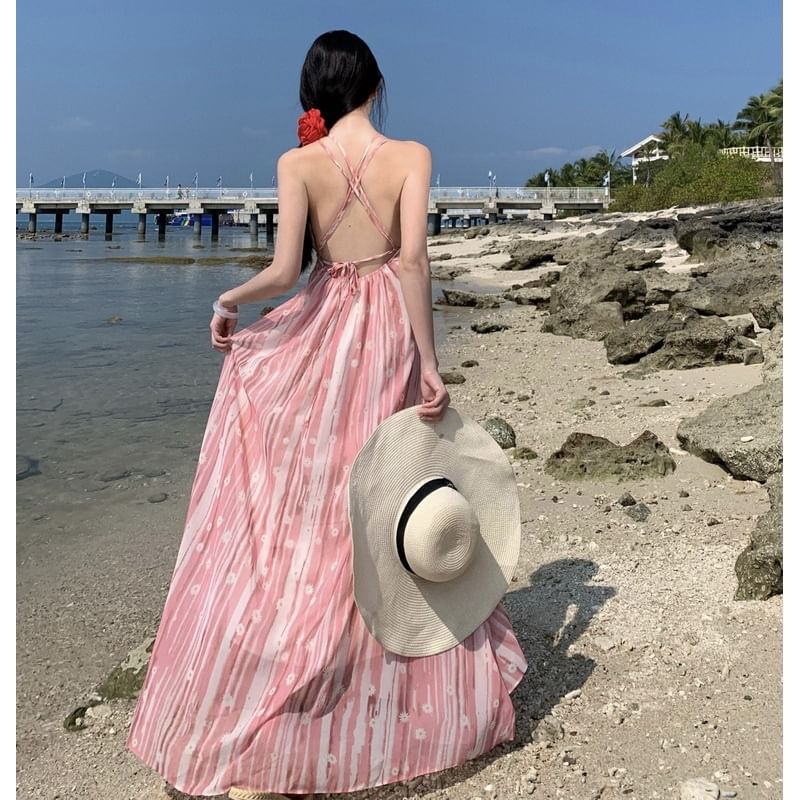 Maxi Strap A-Line V-Neck Patterned Dress Spaghetti