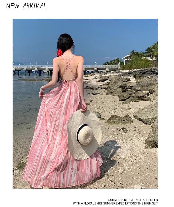 Maxi Strap A-Line V-Neck Patterned Dress Spaghetti