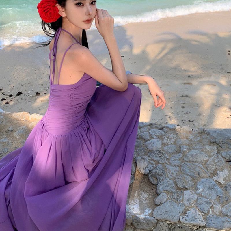 A-Line Maxi Neck Spaghetti Plain Dress Strap Scoop