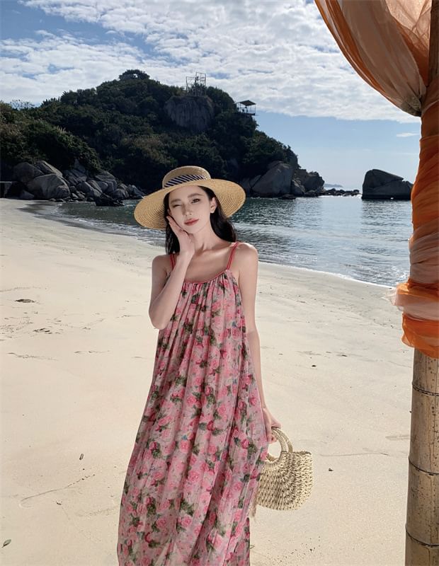 Spaghetti Strap Scoop Dress A-Line Neck Floral Maxi