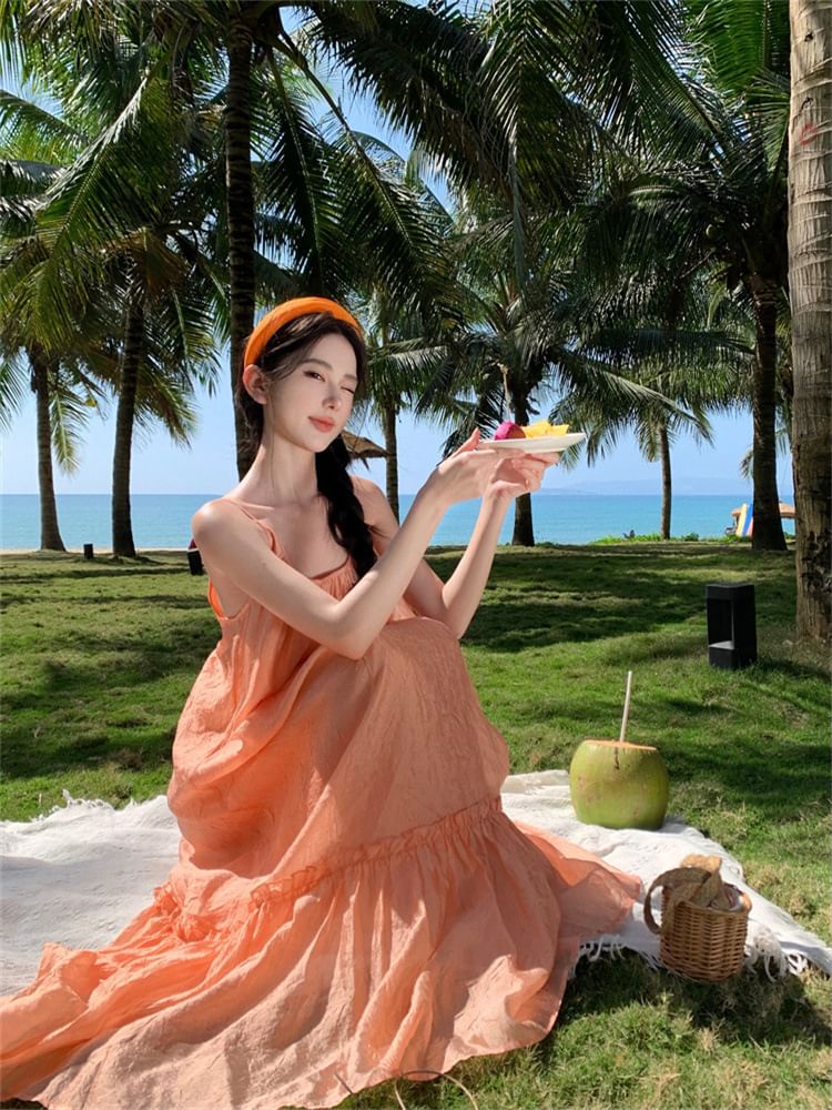 Maxi Strap Spaghetti Neck Scoop A-Line Plain Dress