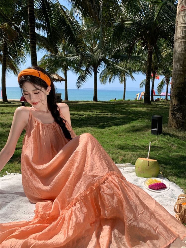 Maxi Strap Spaghetti Neck Scoop A-Line Plain Dress