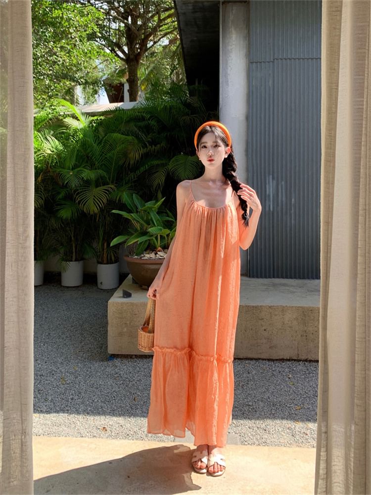 Maxi Strap Spaghetti Neck Scoop A-Line Plain Dress