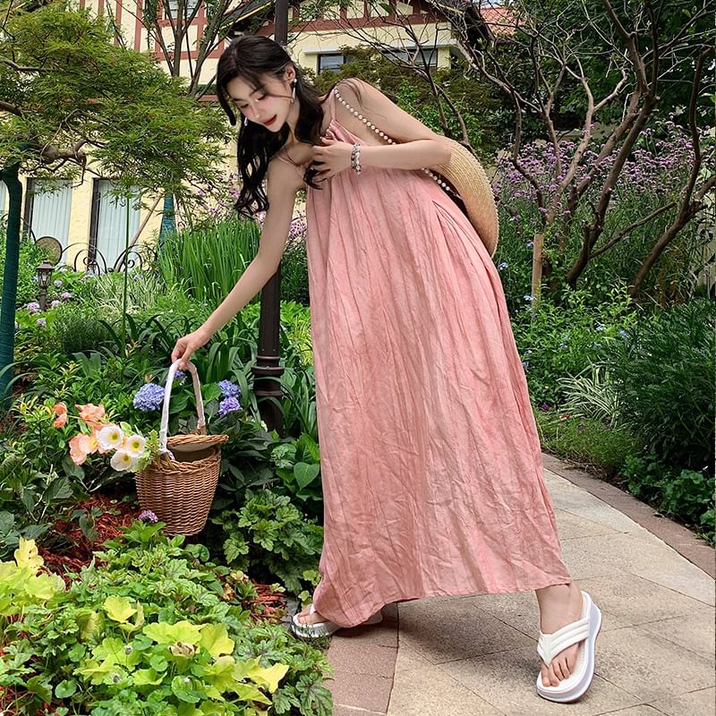 Plain Strap Spaghetti Dress A-Line Maxi