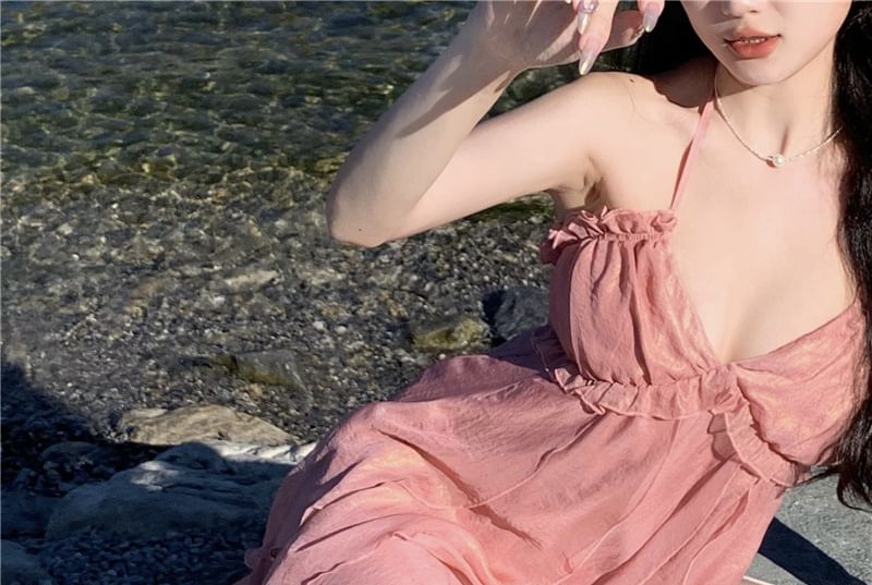 Trim Plain A-Line Halter Maxi Ruffle Dress V-Neck