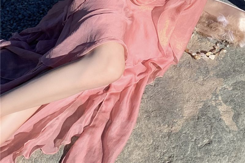 Trim Plain A-Line Halter Maxi Ruffle Dress V-Neck