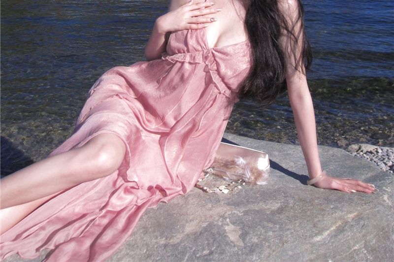 Trim Plain A-Line Halter Maxi Ruffle Dress V-Neck