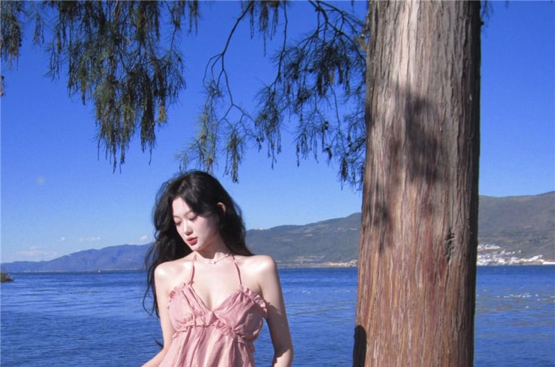 Trim Plain A-Line Halter Maxi Ruffle Dress V-Neck