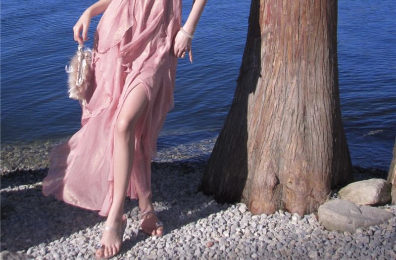 Trim Plain A-Line Halter Maxi Ruffle Dress V-Neck