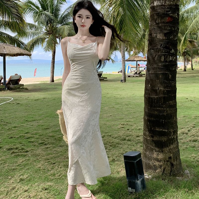 Mermaid Spaghetti Neck Maxi Strap Dress Cowl Plain