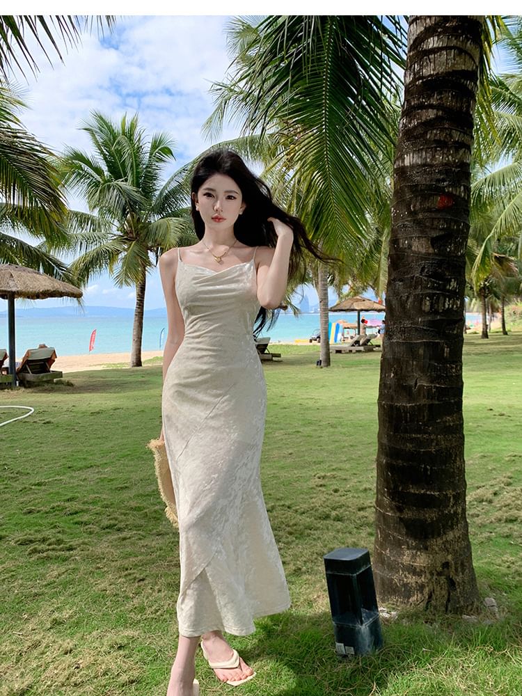 Mermaid Spaghetti Neck Maxi Strap Dress Cowl Plain