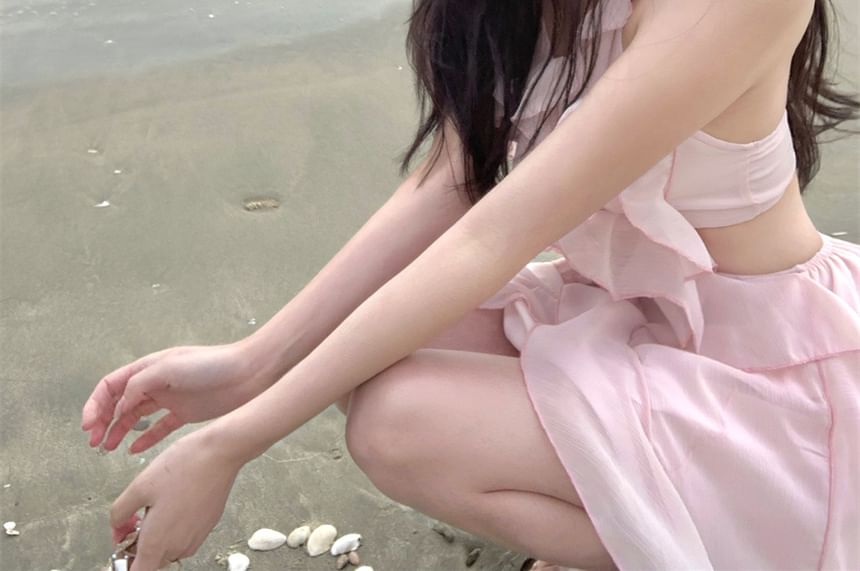 Trim Cutout Ruffle Plain A-Line Dress Neck Halter Mini