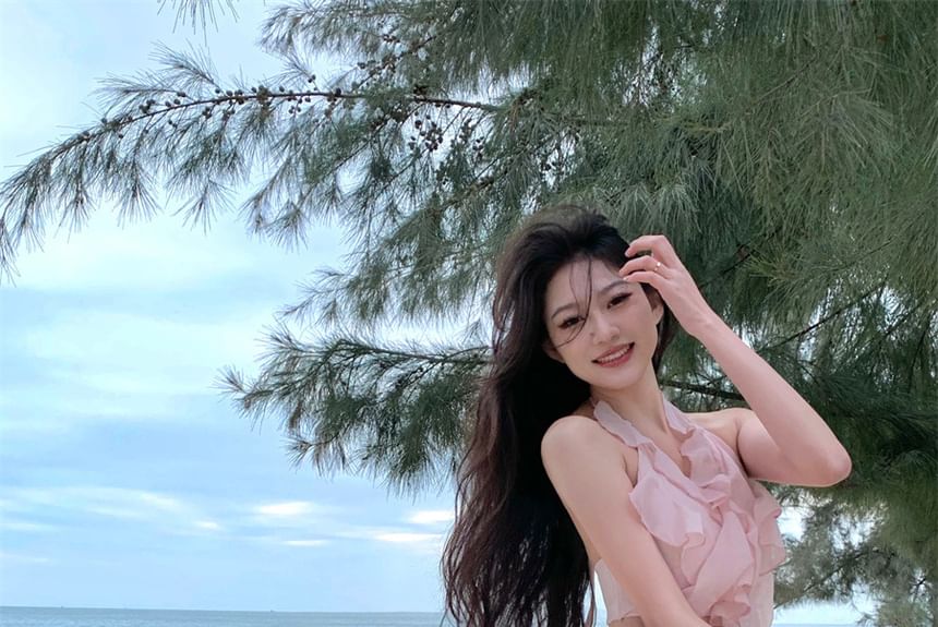 Trim Cutout Ruffle Plain A-Line Dress Neck Halter Mini