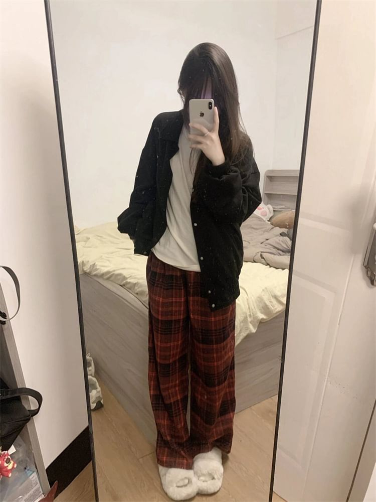 Mid Rise Plaid Wide Leg Pants