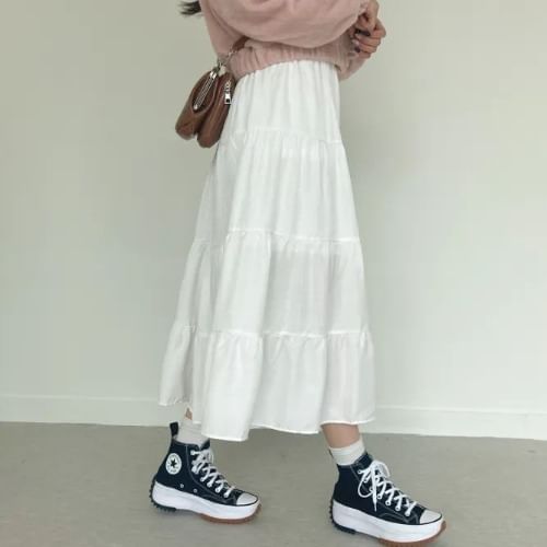 A-Line Midi Skirt with Elastic Waist and Tiered Layers