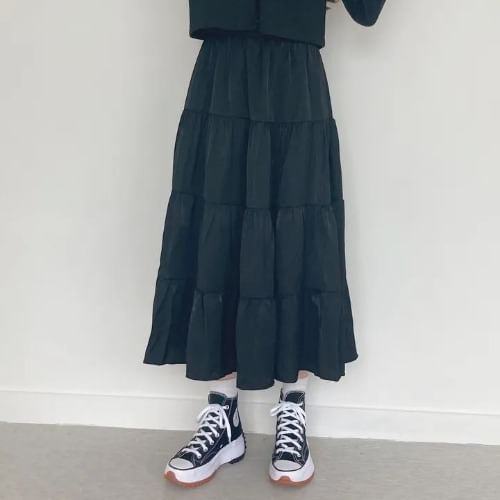 A-Line Midi Skirt with Elastic Waist and Tiered Layers