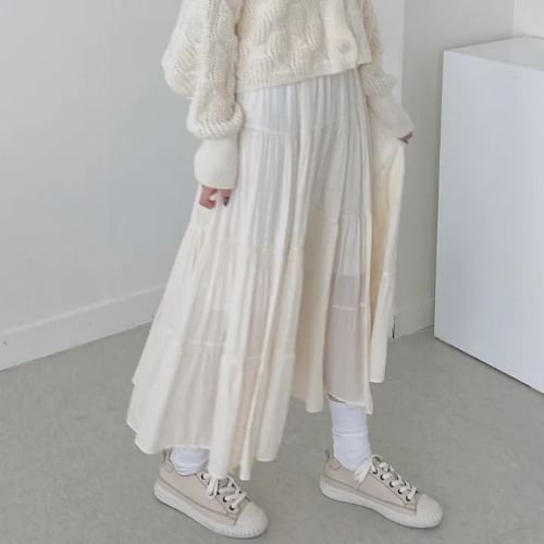 A-Line Midi Skirt with Elastic Waist and Tiered Layers