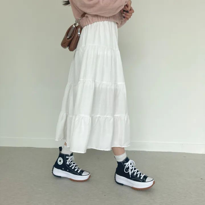 A-Line Midi Skirt with Elastic Waist and Tiered Layers