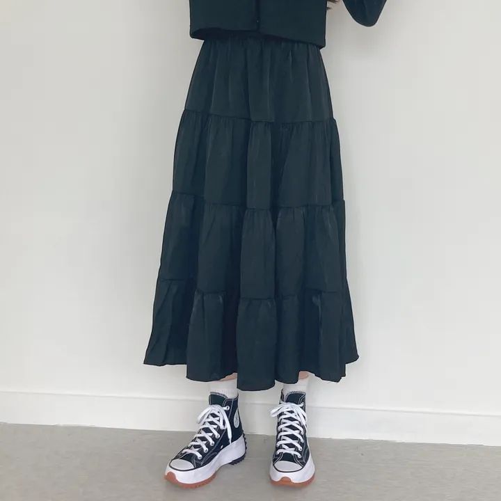 A-Line Midi Skirt with Elastic Waist and Tiered Layers