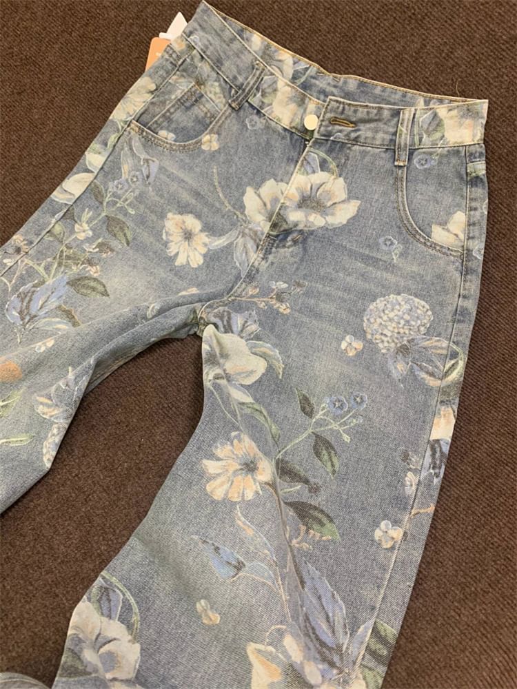 High Waist Floral Wide Leg Jeans