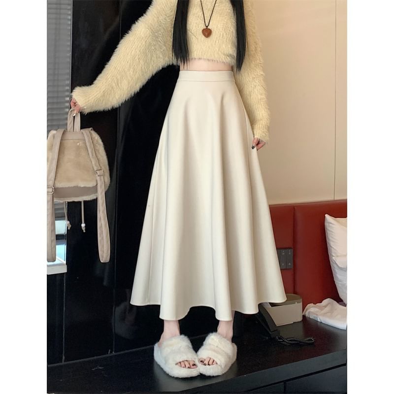 Plain A-Line Midi Skirt with High Waist