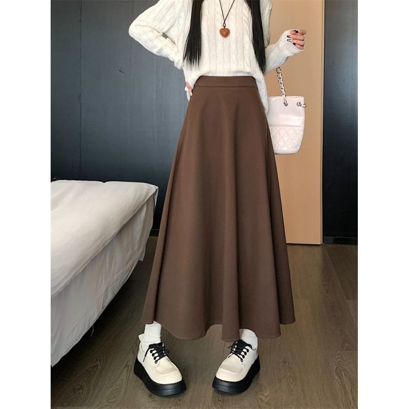 Plain A-Line Midi Skirt with High Waist