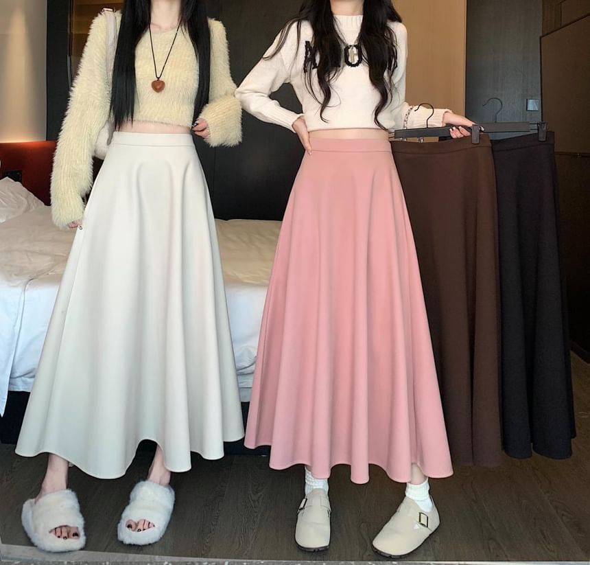 Plain A-Line Midi Skirt with High Waist