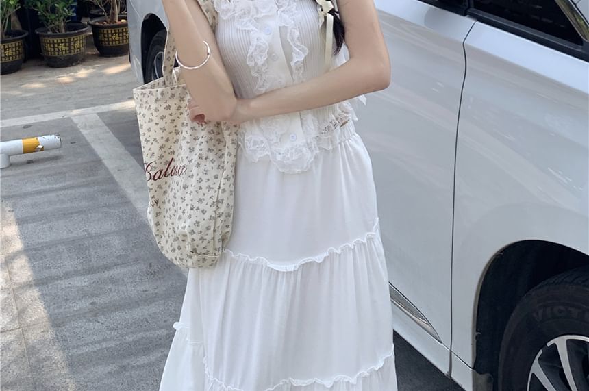 High-Rise A-Line Maxi Skirt with Lace-Trim Tank