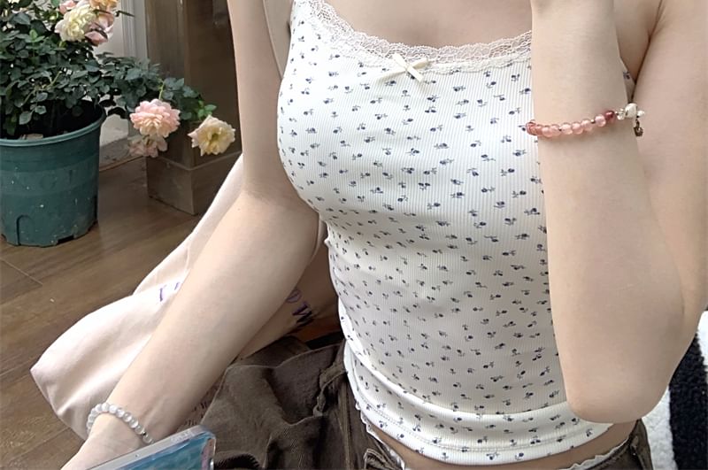 Floral Cami Cropped Top Lace Trim