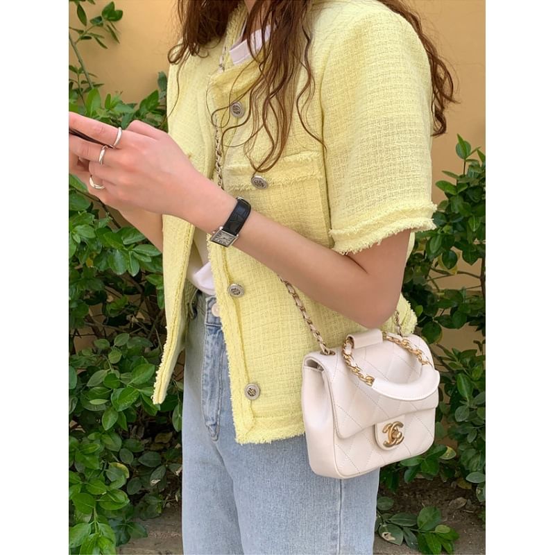 Short-Sleeve Tweed Tassel Trim Button-Up Jacket