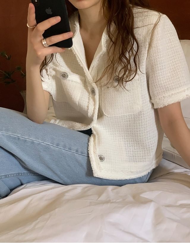 Short-Sleeve Tweed Tassel Trim Button-Up Jacket
