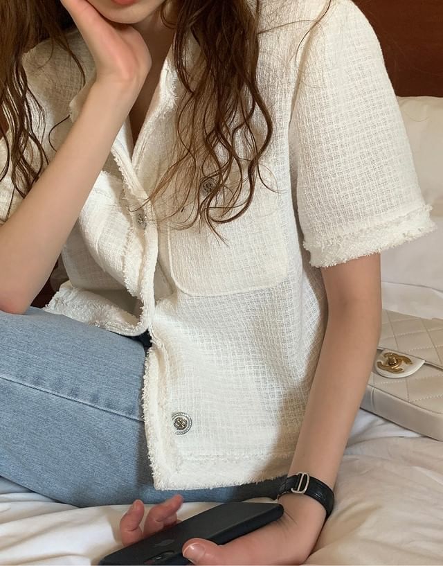 Short-Sleeve Tweed Tassel Trim Button-Up Jacket